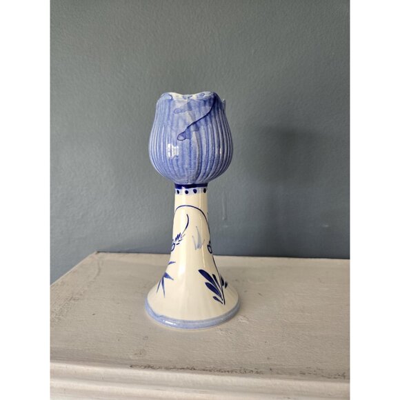Delft Blue Tulip Candleholder Vintage Floral Dutch Blue & White Porcelain China - Picture 5 of 10